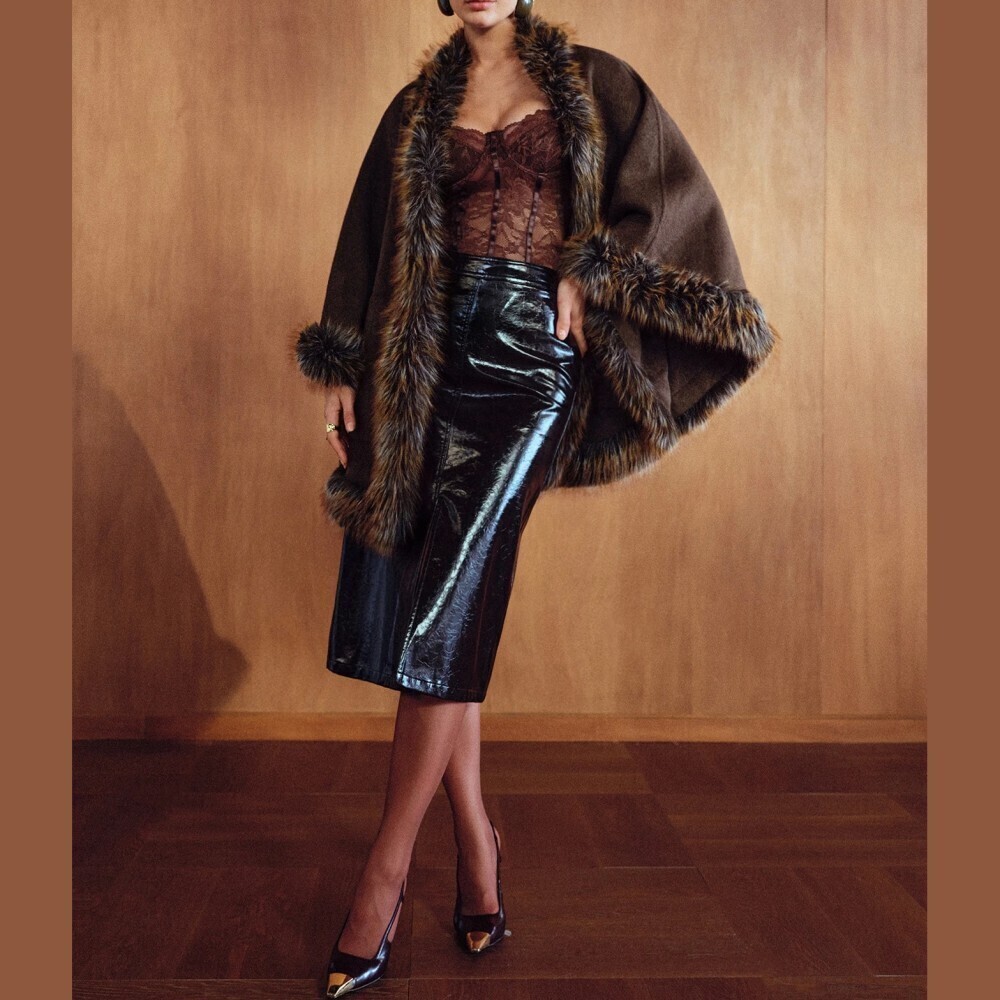Brown Wool Blend Faux Fur Trim Belted Waterfall Cape Coat - Picture 2 of 8